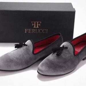 Gray Velvet Loafers with Red Interior